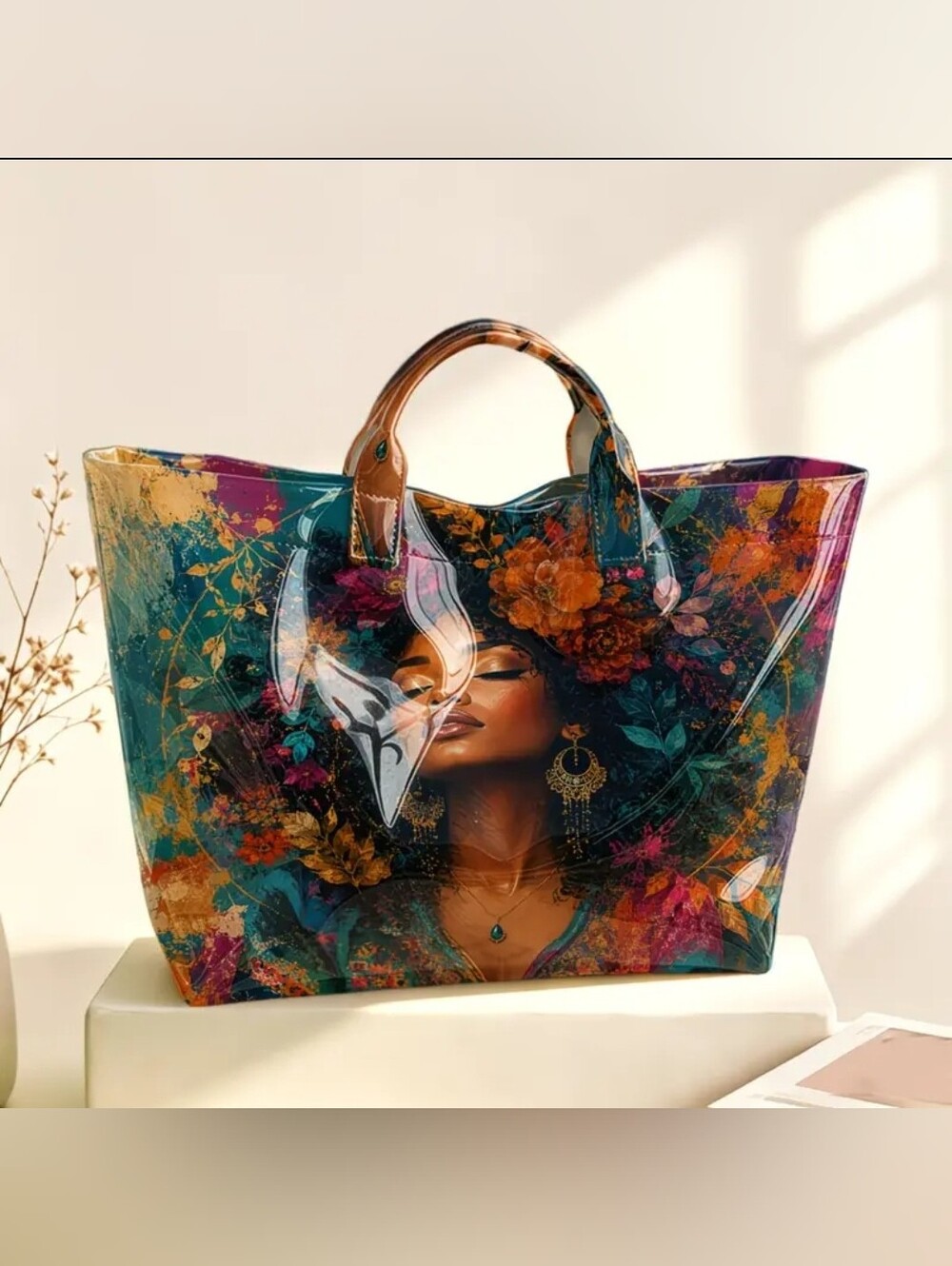 Women of Color Portrait Oil Painting Glossy Print PVC Tote Bag Large